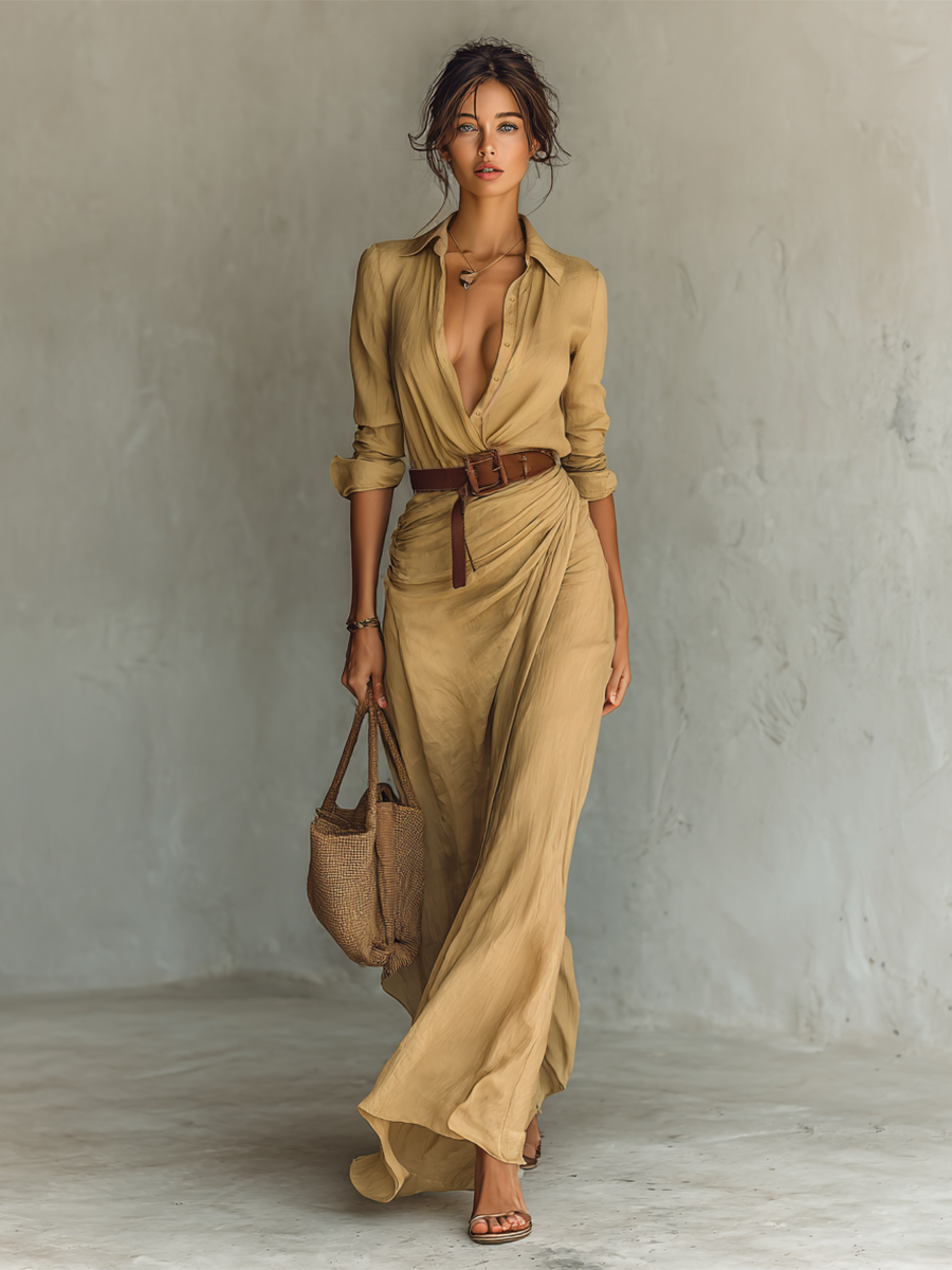 Long Maxi Dress with Lapel Collar and Included Belt