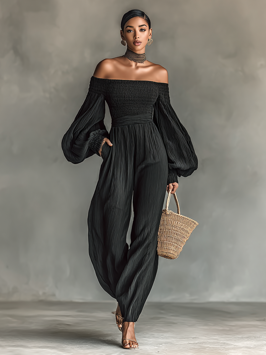 Women's Pleated Fabric Jumpsuit with Off-Shoulder Design and Long Sleeves