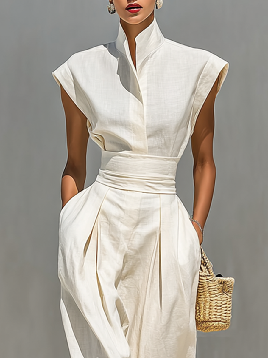 Women's Pure Cotton Maxi Dress with Notched Collar and Cap Sleeves