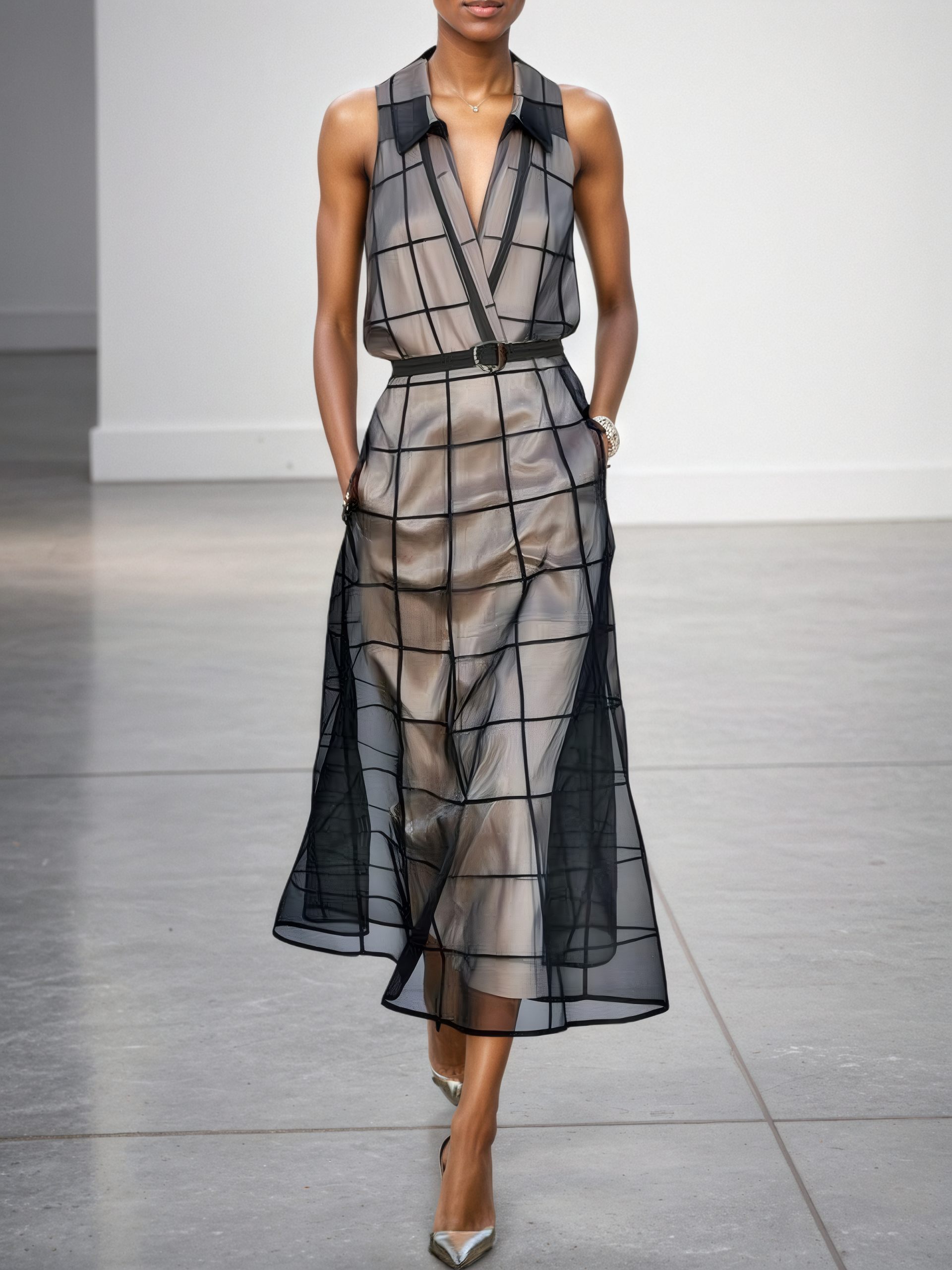 Sleeveless Checkered Tulle Maxi Dress with Collar and Belt