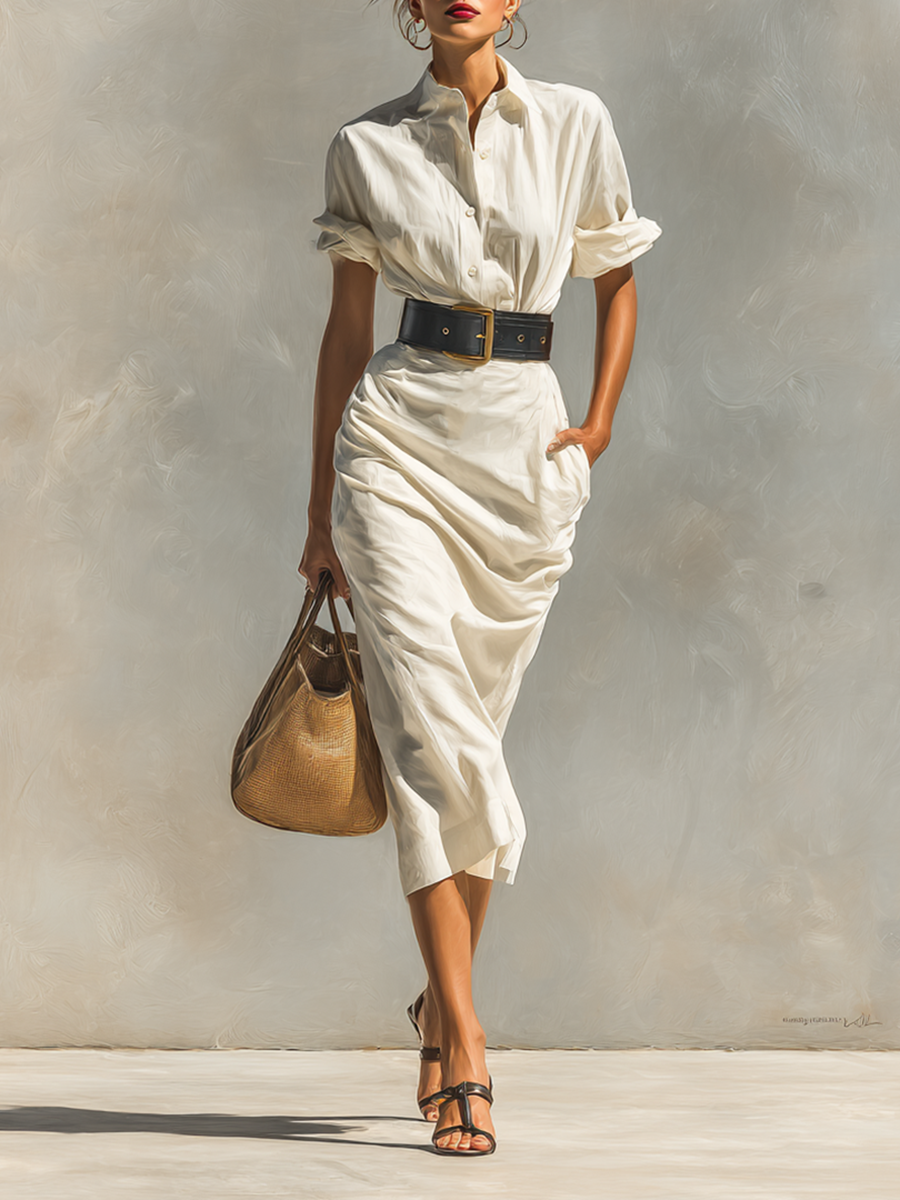 Women’s Dress with Short Sleeves, Collar, and Belt