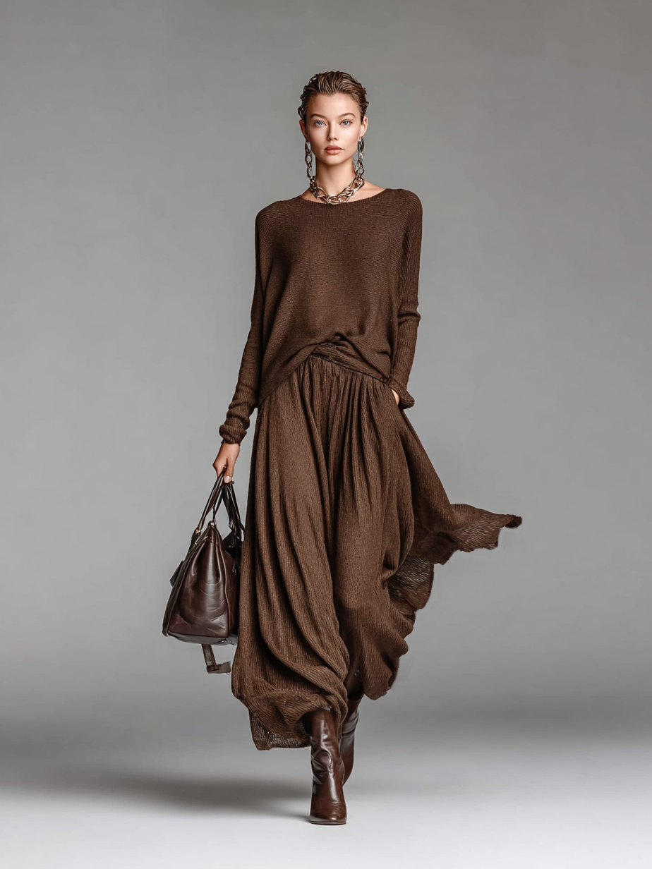 Knitted Skirt and Crew Neck Sweater Set