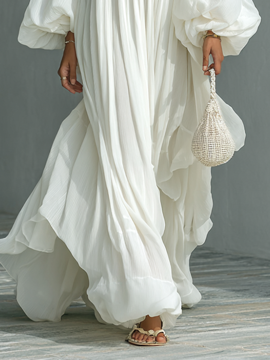 Pleated Maxi Dress with Lantern Sleeves and Lapel Collar
