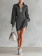 Wide-Knit Mini Dress with Polo Collar and Zipper
