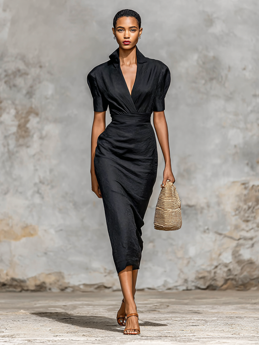 Women’s Monochrome Midi Dress with V-Neck and Short Sleeves