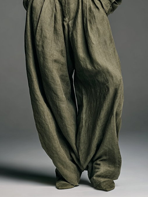 Women's Two-Piece Set in Cotton and Linen with Long-Sleeve Shirt and Wide-Leg Pants