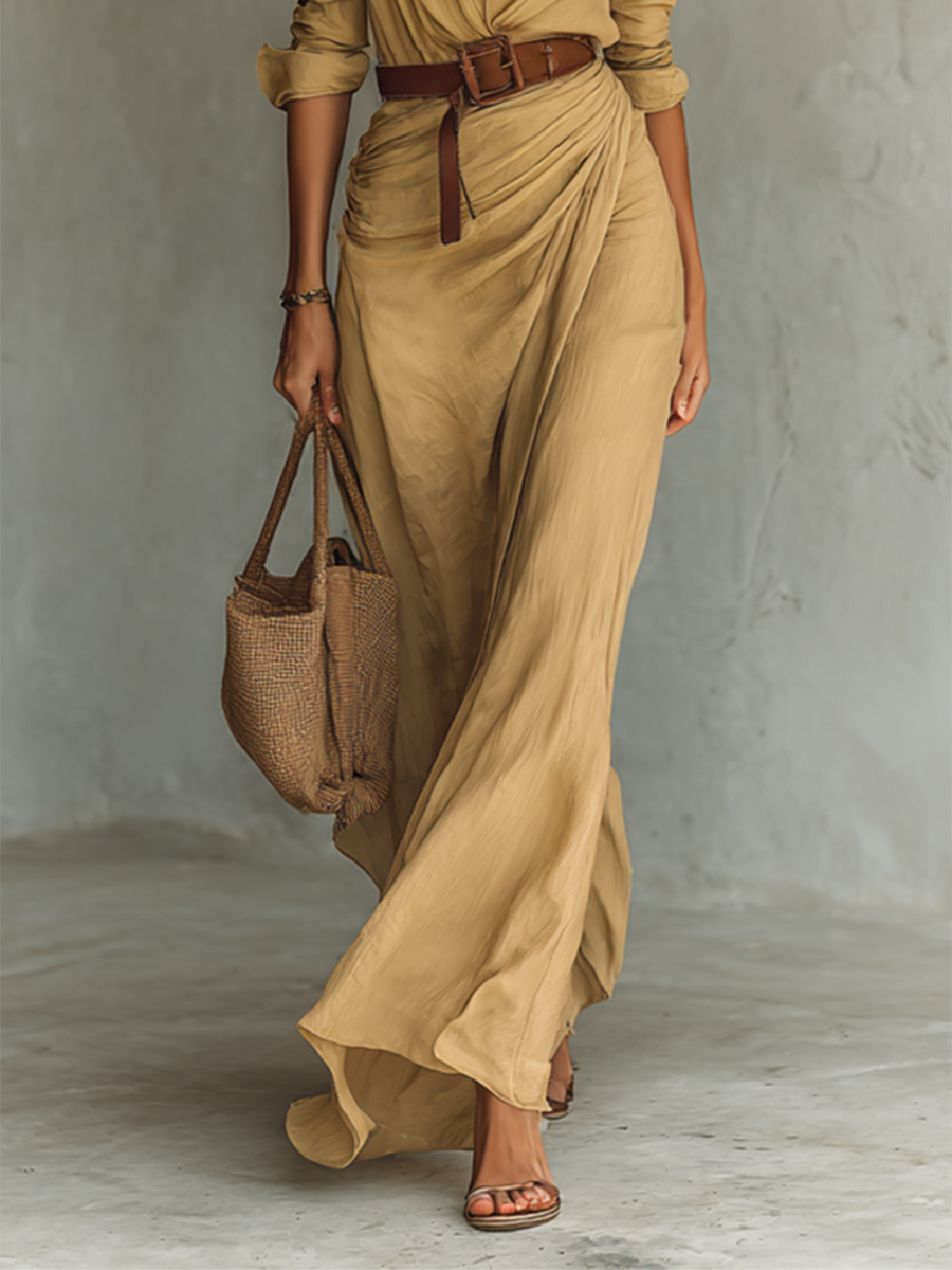 Long Maxi Dress with Lapel Collar and Included Belt
