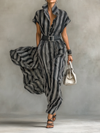 Women's Printed Striped Chiffon Maxi Dress with Collar, Short Sleeves, and Belt