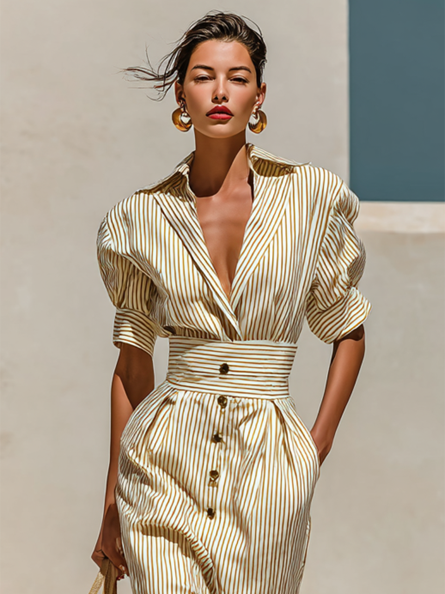 Women's Striped Midi Dress with Collar and Short Sleeves
