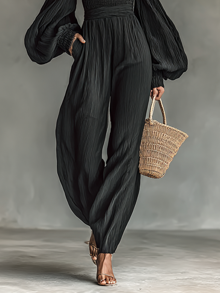 Women's Pleated Fabric Jumpsuit with Off-Shoulder Design and Long Sleeves