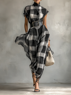 Checkered Chiffon Maxi Dress with High Neck and Short Sleeves