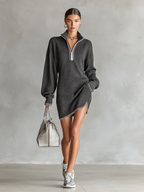 Wide-Knit Mini Dress with Polo Collar and Zipper