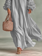 Women’s Pleated Chiffon Maxi Dress with Long Sleeves and Ruffles