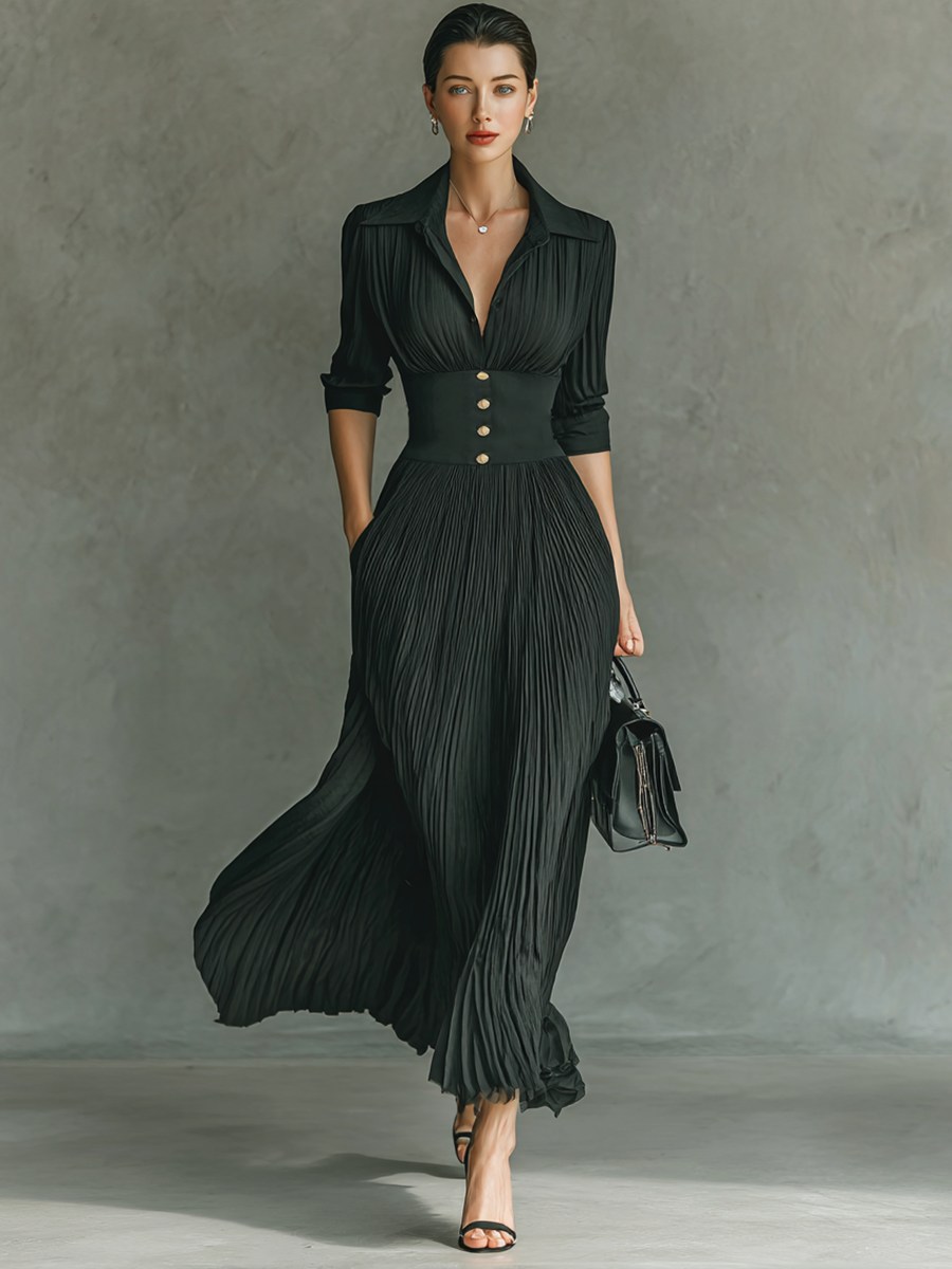 Long Sleeve Maxi Dress with Lapel Collar and Pleats
