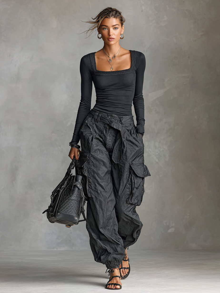 Two-Piece Set with Long-Sleeve Square Neck T-Shirt and Multi-Pocket Cargo Pants
