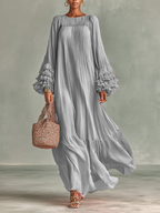 Women’s Pleated Chiffon Maxi Dress with Long Sleeves and Ruffles