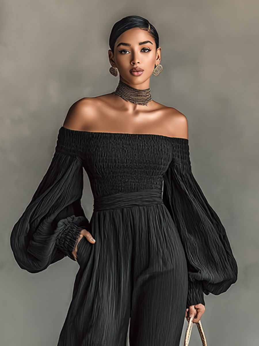 Women's Pleated Fabric Jumpsuit with Off-Shoulder Design and Long Sleeves