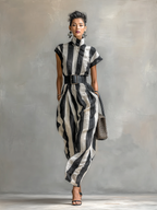 Maxi Chiffon Dress with High Neck and Short Sleeves