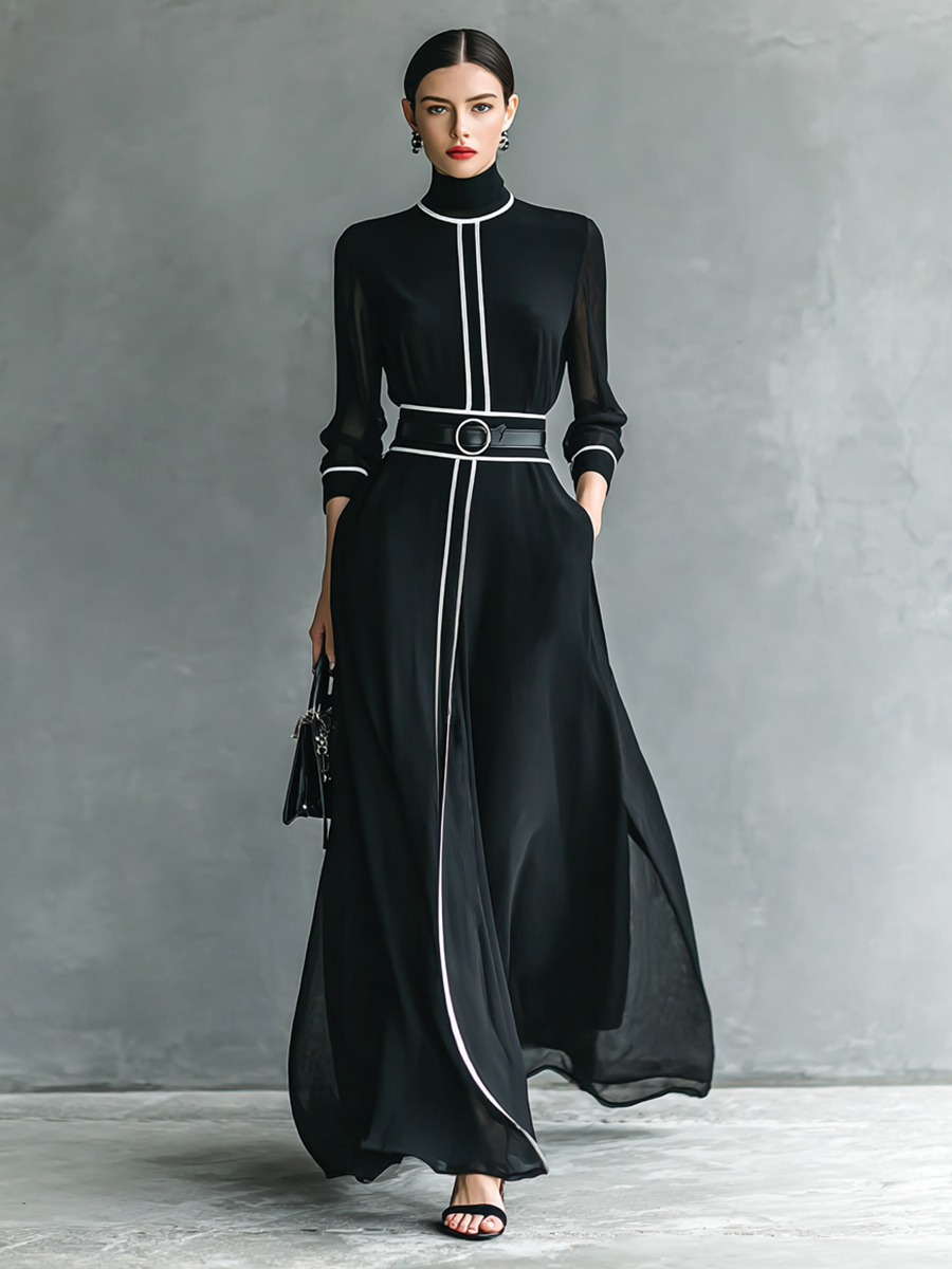 Chiffon Maxi Dress with High Neck and Long Sleeves for Women with White Border