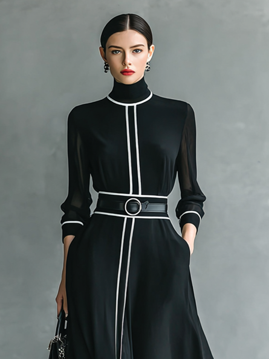 Chiffon Maxi Dress with High Neck and Long Sleeves for Women with White Border