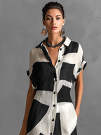 Maxi Shirt Dress in Chiffon for Women with Irregular Geometric Print, Lapel Collar, Short Sleeves, and Single Button