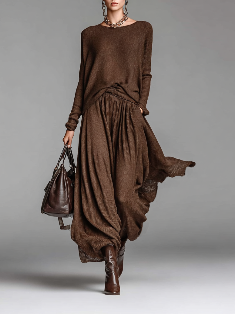 Knitted Skirt and Crew Neck Sweater Set