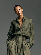 Women's Two-Piece Set in Cotton and Linen with Long-Sleeve Shirt and Wide-Leg Pants