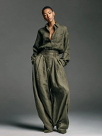 Women's Two-Piece Set in Cotton and Linen with Long-Sleeve Shirt and Wide-Leg Pants