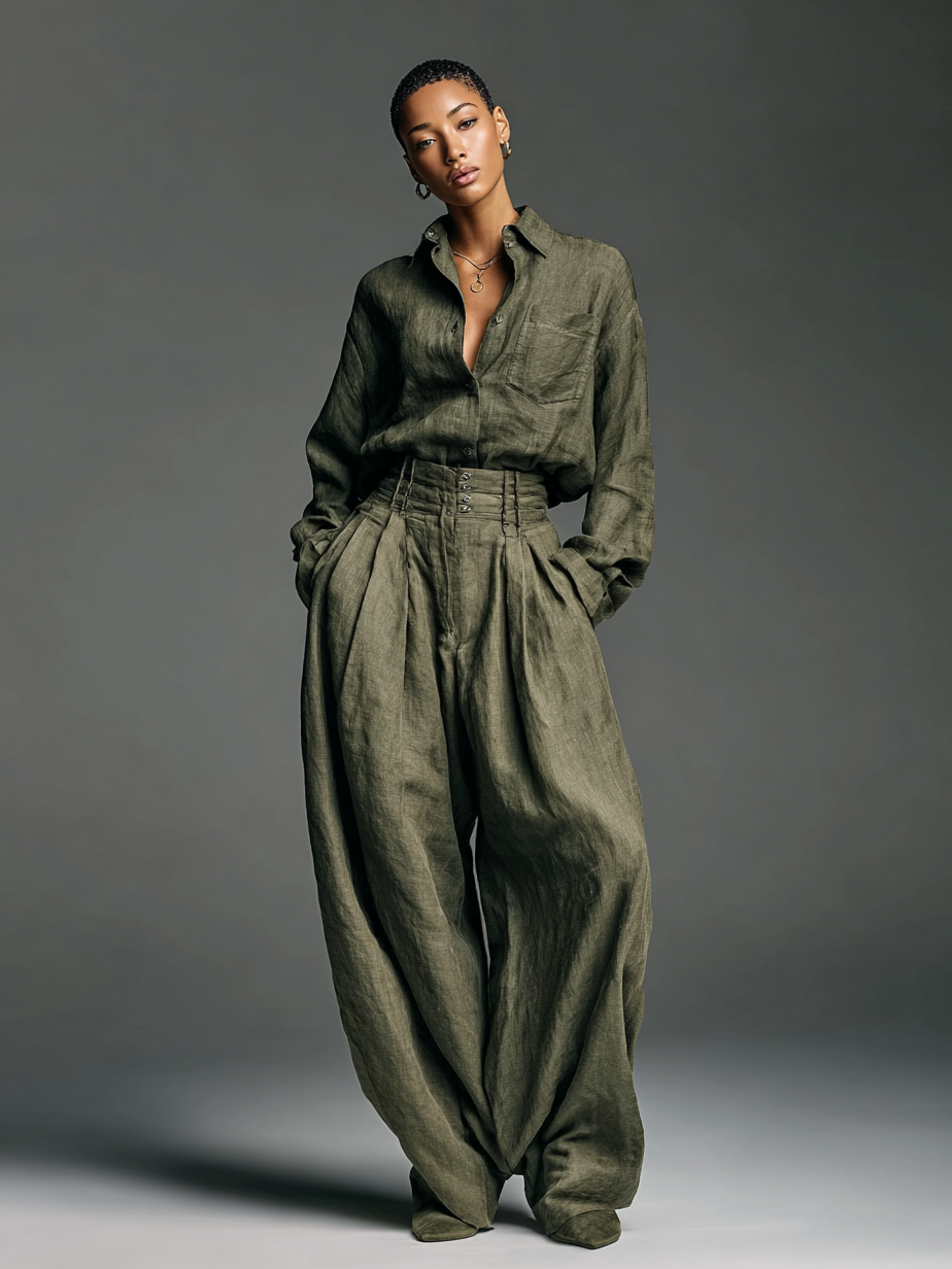 Women's Two-Piece Set in Cotton and Linen with Long-Sleeve Shirt and Wide-Leg Pants