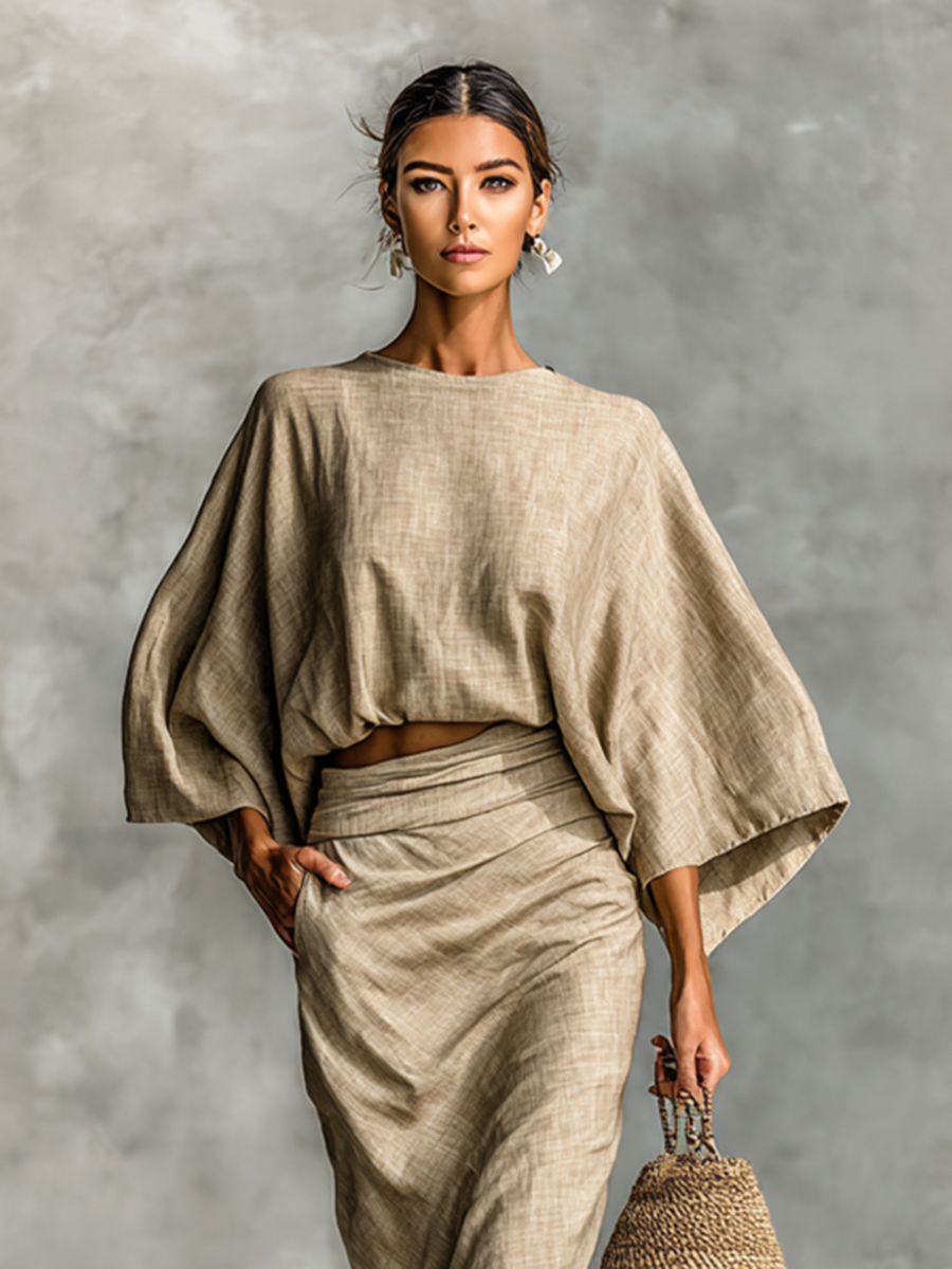 Two-Piece Set with Long Skirt and Batwing Sleeves in Cotton-Linen