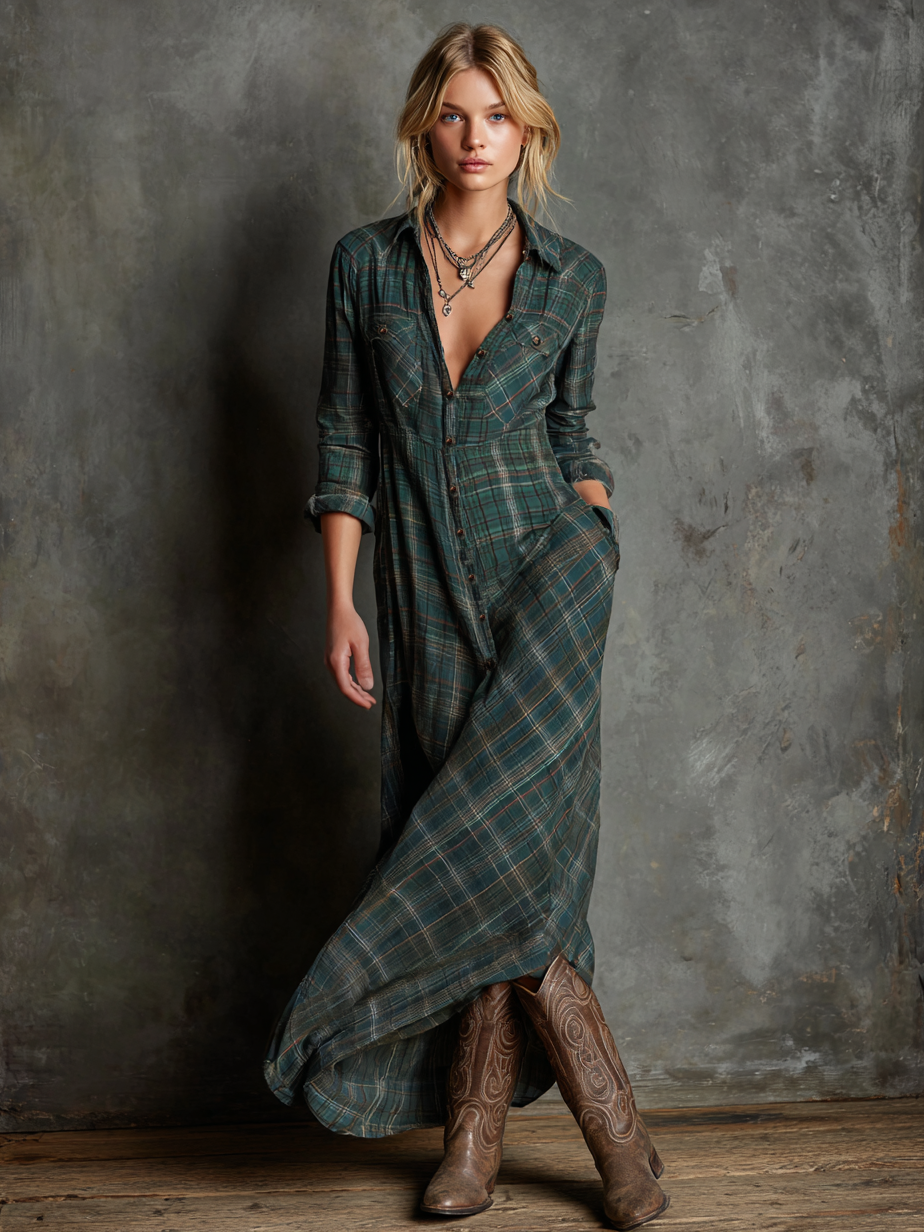 Striped Maxi Dress with Notched Collar