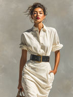 Women’s Dress with Short Sleeves, Collar, and Belt