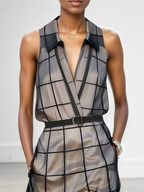 Sleeveless Checkered Tulle Maxi Dress with Collar and Belt