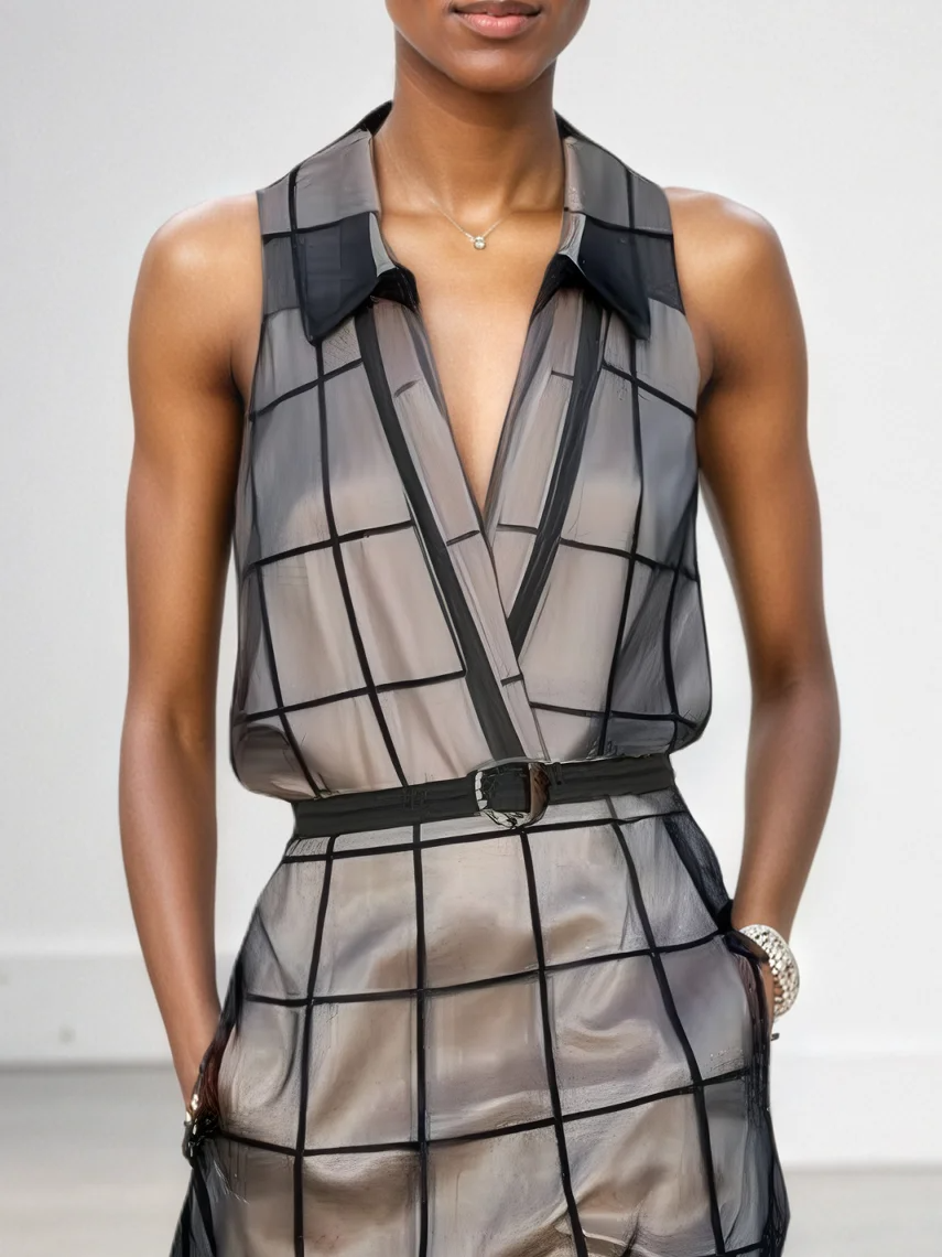 Sleeveless Checkered Tulle Maxi Dress with Collar and Belt