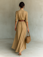 Long Maxi Dress with Lapel Collar and Included Belt