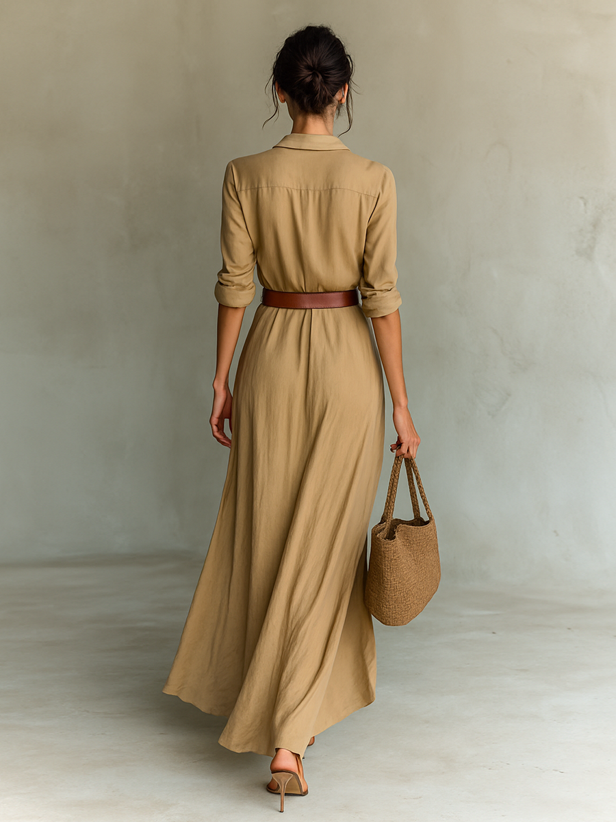 Long Maxi Dress with Lapel Collar and Included Belt