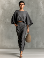 Two-Piece Set with Long Skirt and Batwing Sleeves in Cotton-Linen